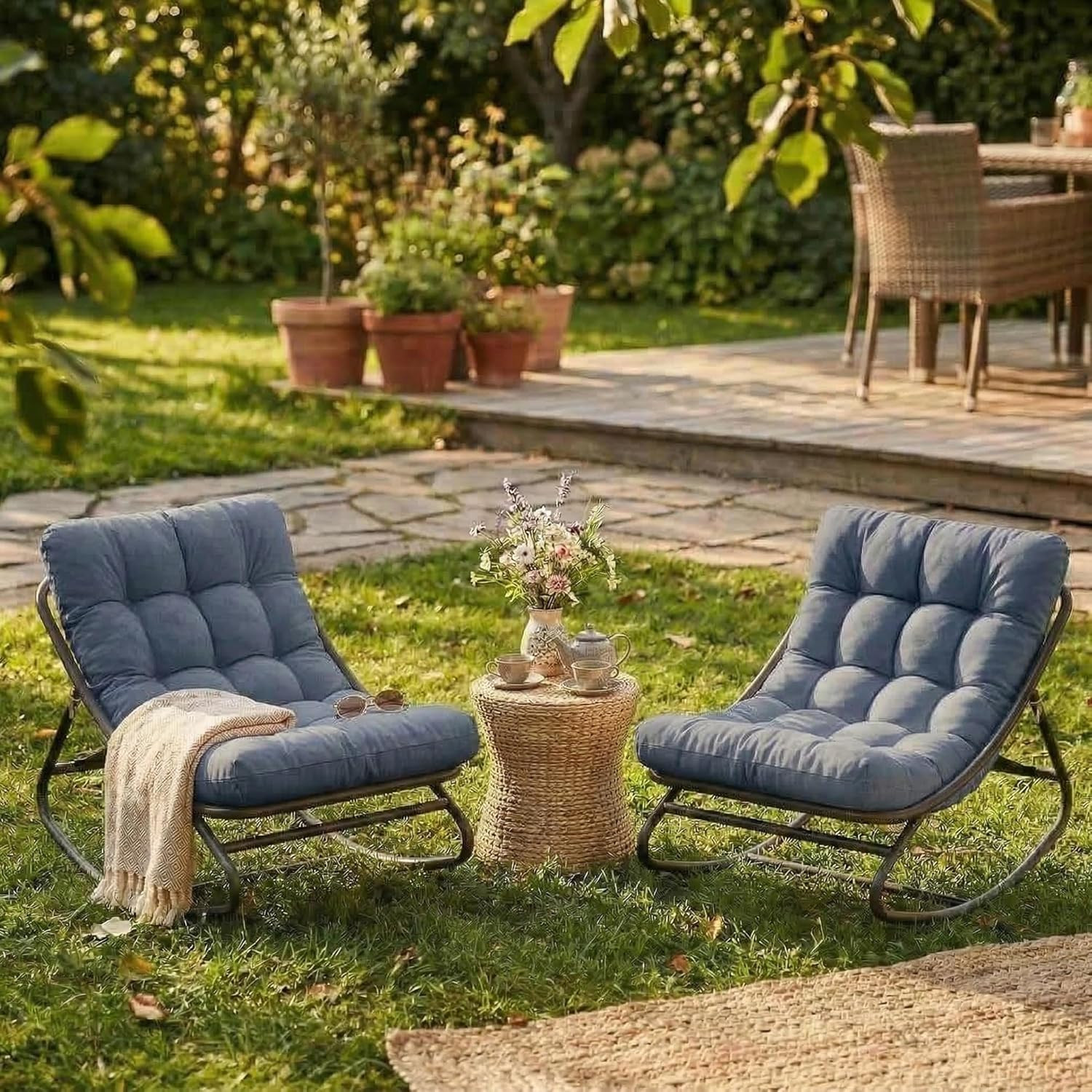 Papasan Rocking Chair, Indoor Outdoor Metal Patio Rocker with Comfy Cushion, 300