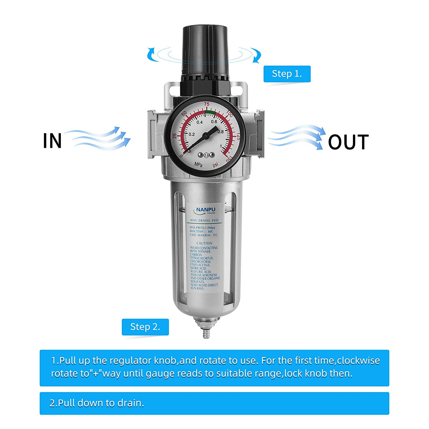 1/4" NPT Compressed Air Filter Regulator Combo, Air Filter Pressure Regulator Ga