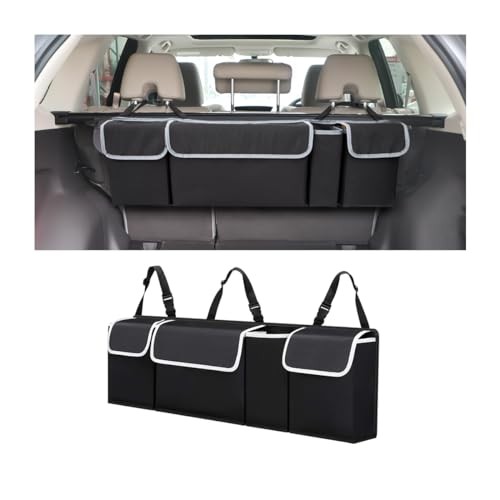 Car Trunk Organizer with Lid, Backseat Hanging Storage Bag with 4 Pockets & 3