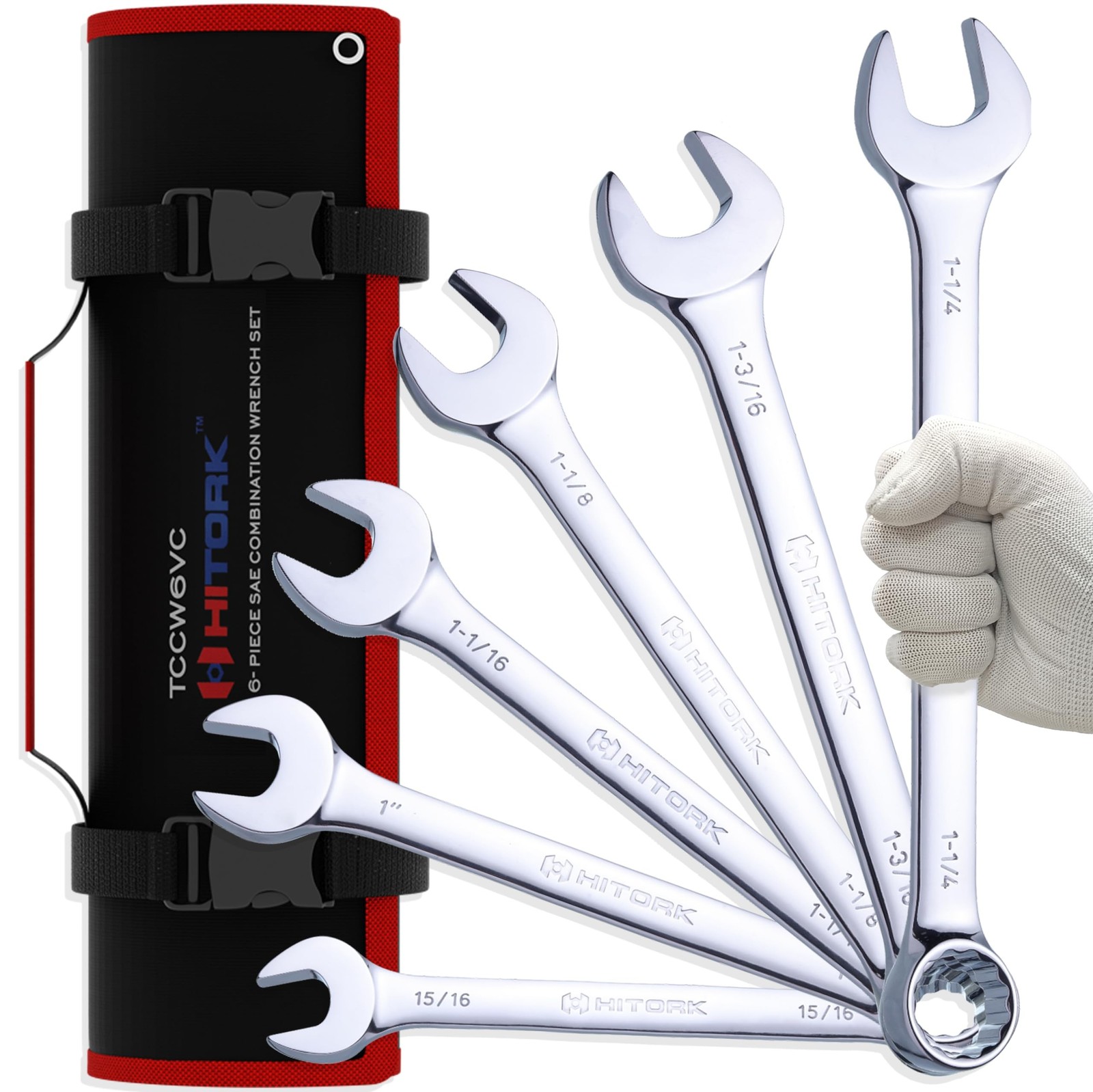 Hitork 6-Piece Large SAE Wrench Set, 12-Point Box End, Drop Forged Chrome-Pla...