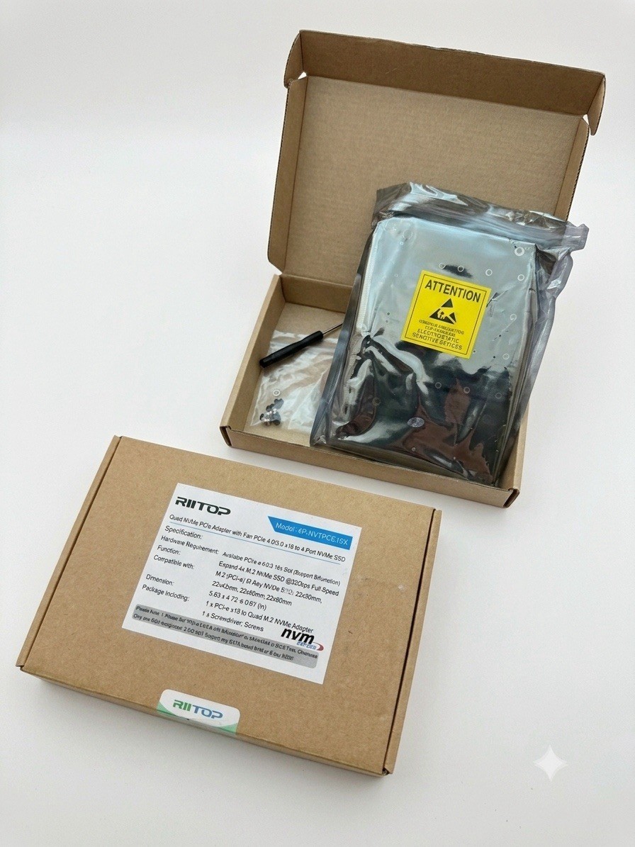 RIITOP Quad M.2 NVMe PCIe Adapter 4-Port PCIe 4.0/3.0 x16 w/ Fan | NIB