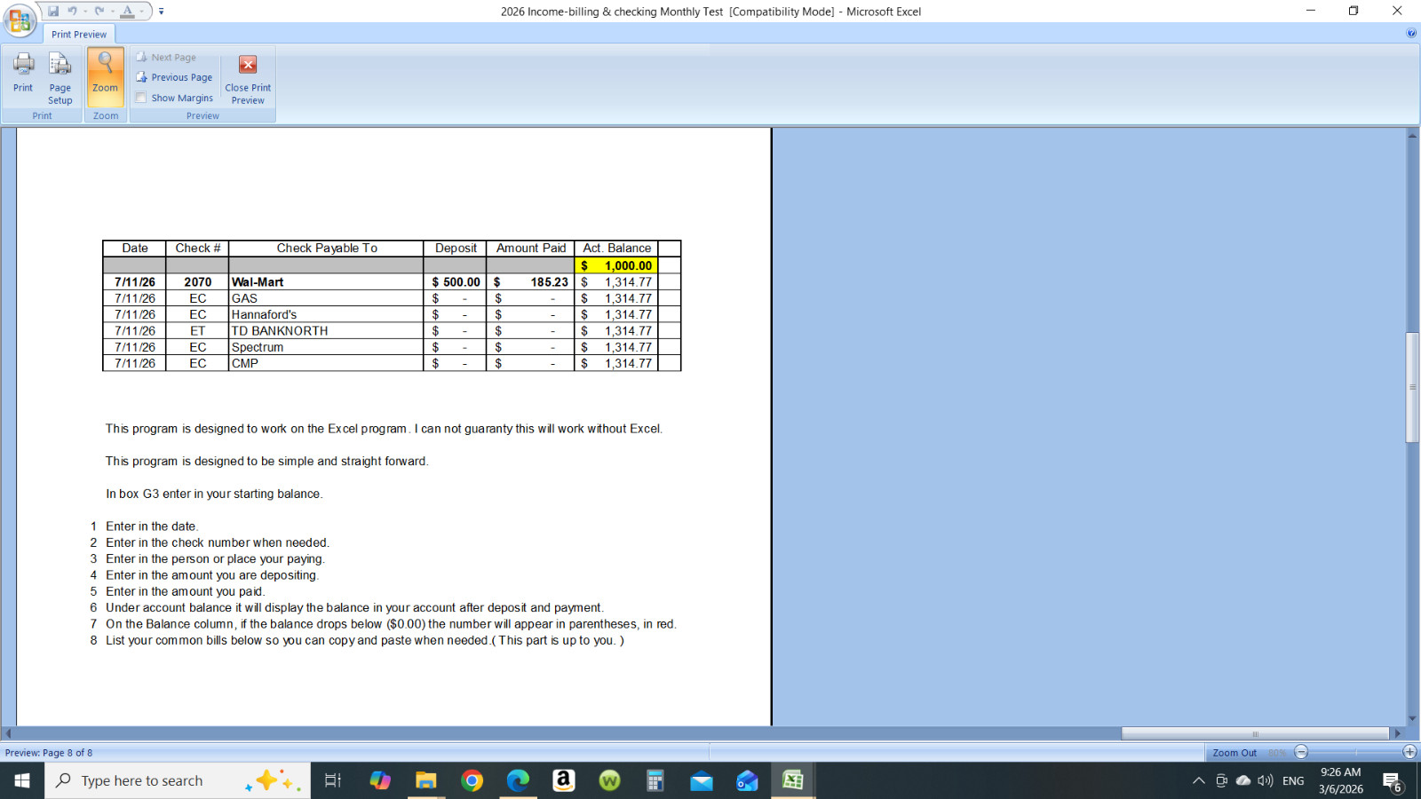 Keep ahead of bills, checkbook register, and bill pay program. Read Description