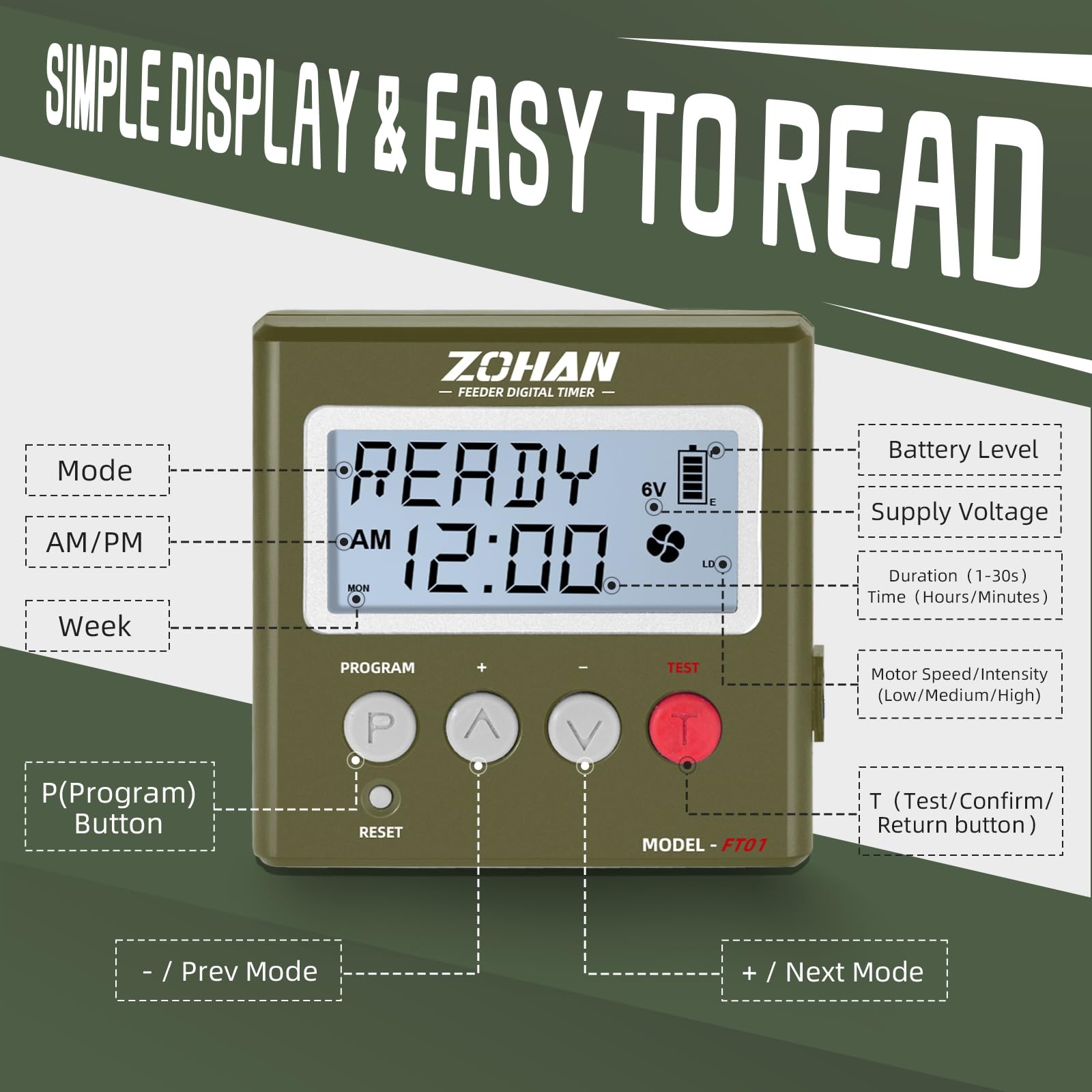 ZOHAN FT01 Deer Feeder Timer - Universal 6V/12V 24h Automatic AMY GREEN