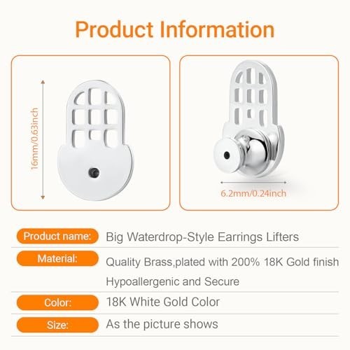 18K White Gold Plated Earring Backs - Waterdrop Style, Heavy Earring Support, 6
