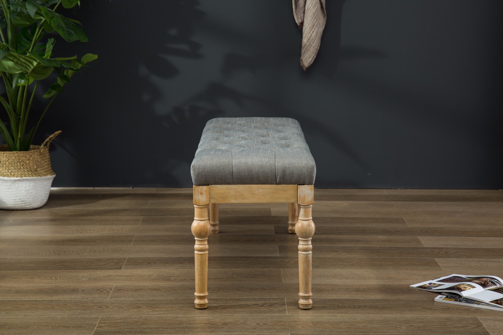 Habit Solid Wood Button Tufted Dining Bench, Grey