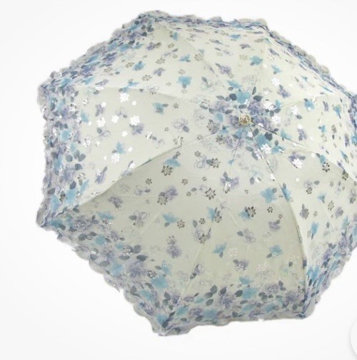 Three Fold Sun/Rain Floral Lace Umbrella, Hangzhou Paradise- Lt. Blue- New VTG