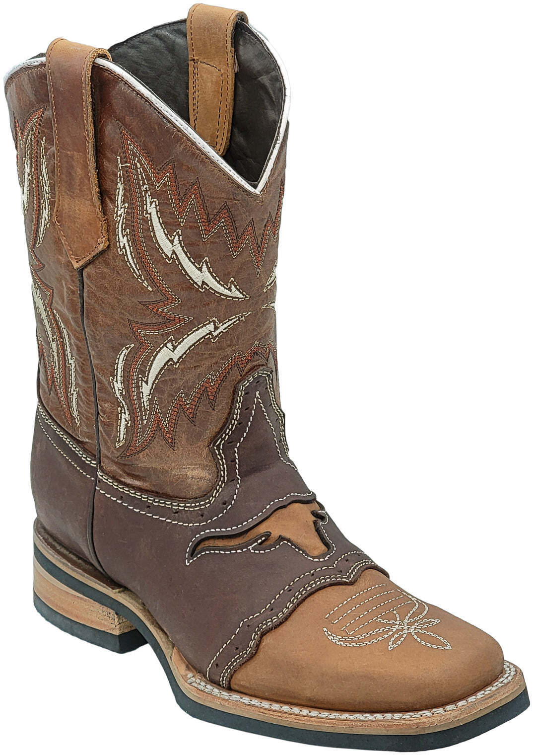 Men Genuine Leather Longhorn Western Square Toe Tobacco Boots Handcrafted