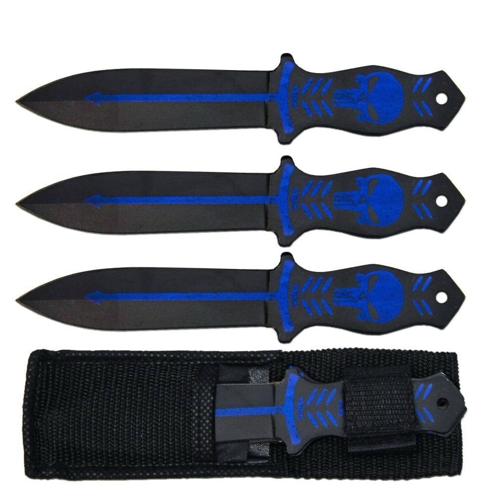 6.5" Black & Blue Punisher Skull Print Throwing Knife Set with Nylon Sheath