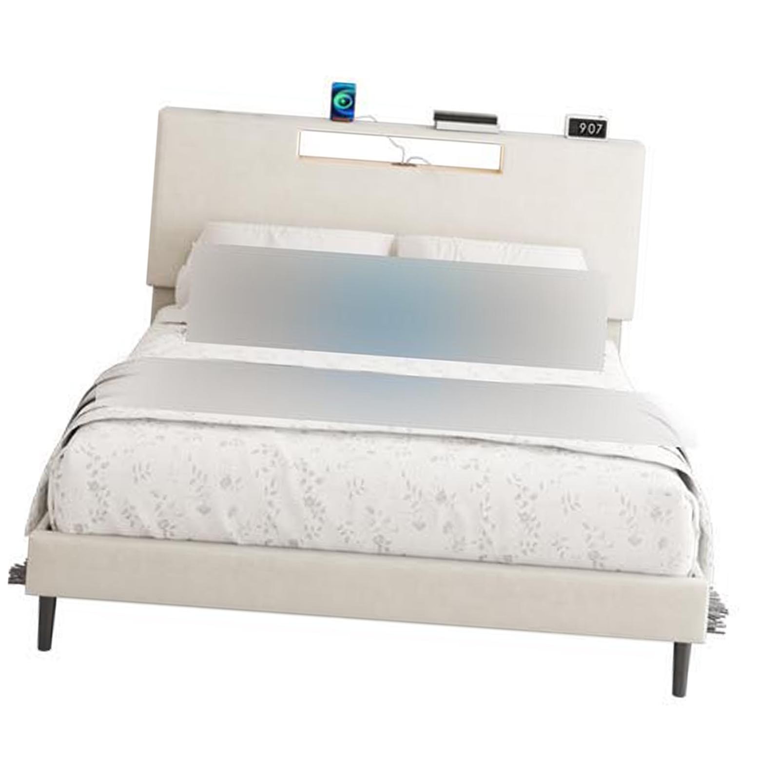 Upholstered Platform Bed Large Size Frame With LED Light And Charging Function