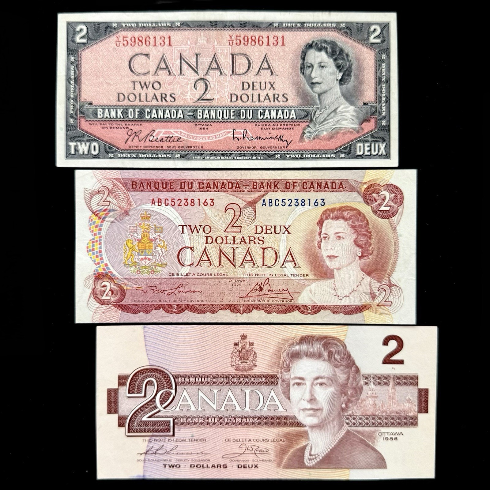 Bank Of Canada 1954, 1974, 1986 Two 2 Dollars Banknotes Paper Money Lot Used VF