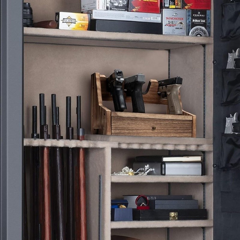 Pistol Organizer Rack Solid Wood Handgun Storage Carpeted Drawer Easy Install US