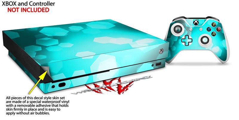 Skin for XBOX One X Console Controller Bokeh Hex Neon Teal Decal