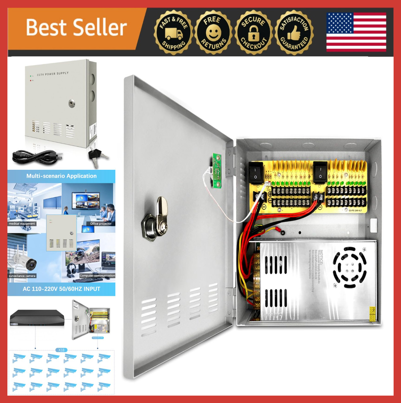 18-Channel 12V 10A CCTV Power Supply Box with Lock & AC Plug for Security System
