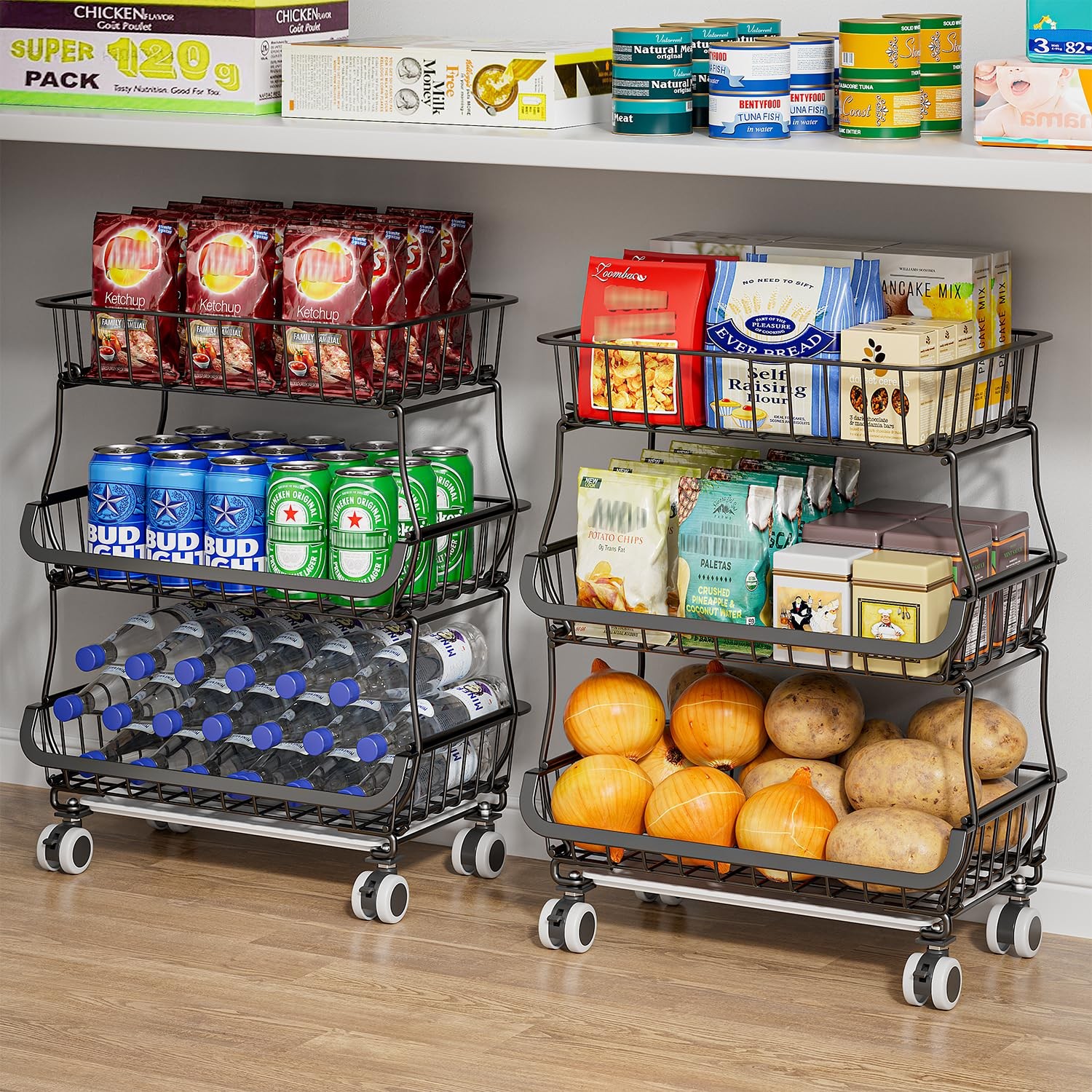 3-Tier Metal Rolling Cart with Wheels - Pantry & Kitchen Organizer and Storag...