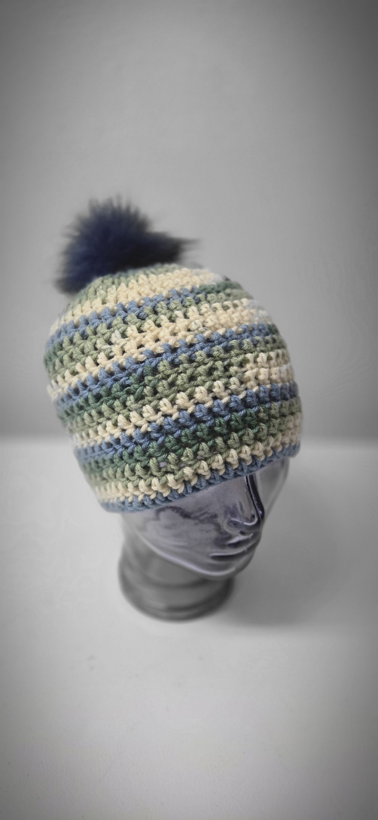 Handmade Crochet Striped Beanie Blue Green White Pom Pom Hat