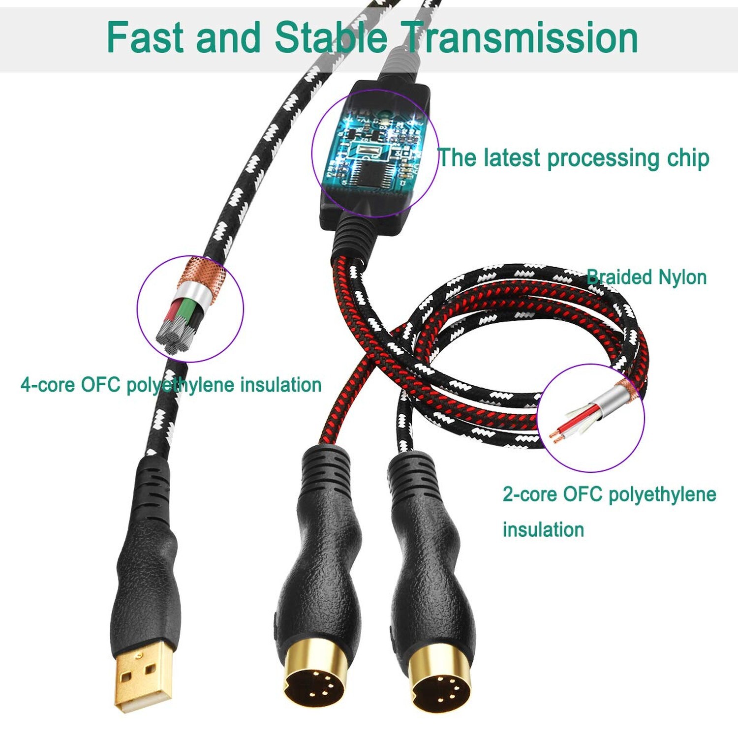 MIDI Cable, MIDI to USB Interface Cable 4.5FT,MIDI Interface in-Out to USB Co...