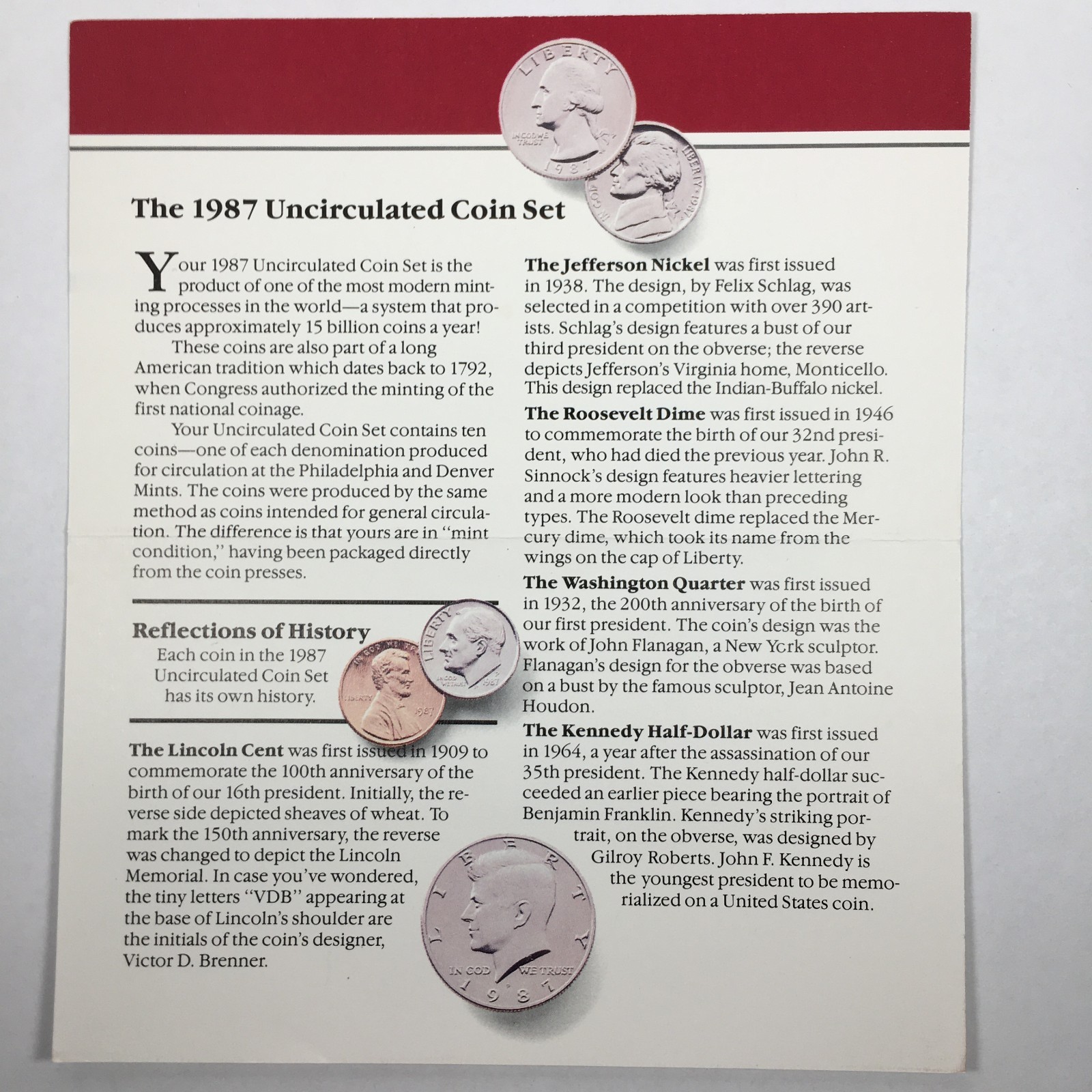 1987 Certificate of Authenticity - COA and Envelope for Mint Set - COA87MS