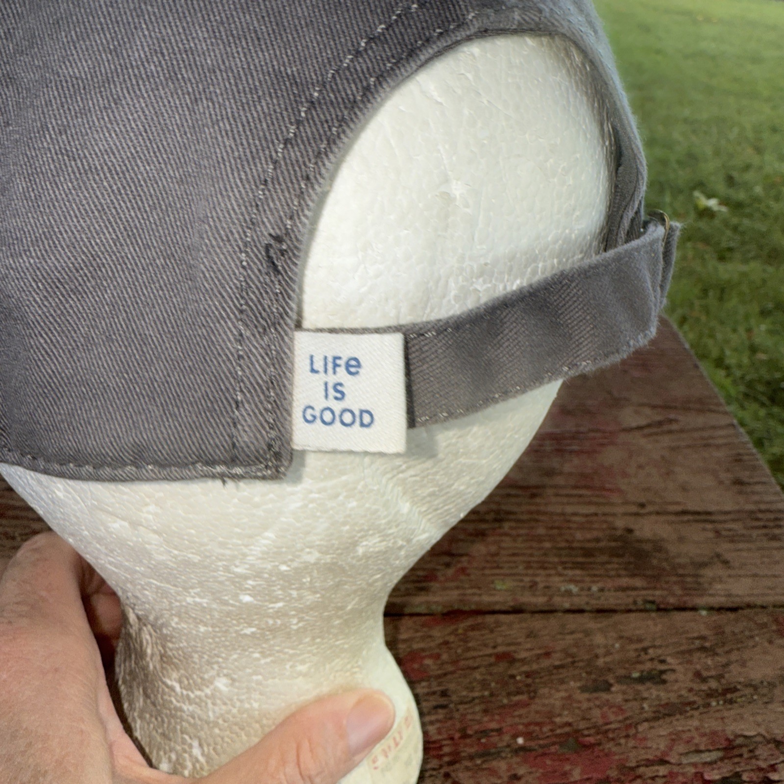 Life is Good Red White Distressed Patch on Gray Hat Cap Cotton Strap Buckle EUC