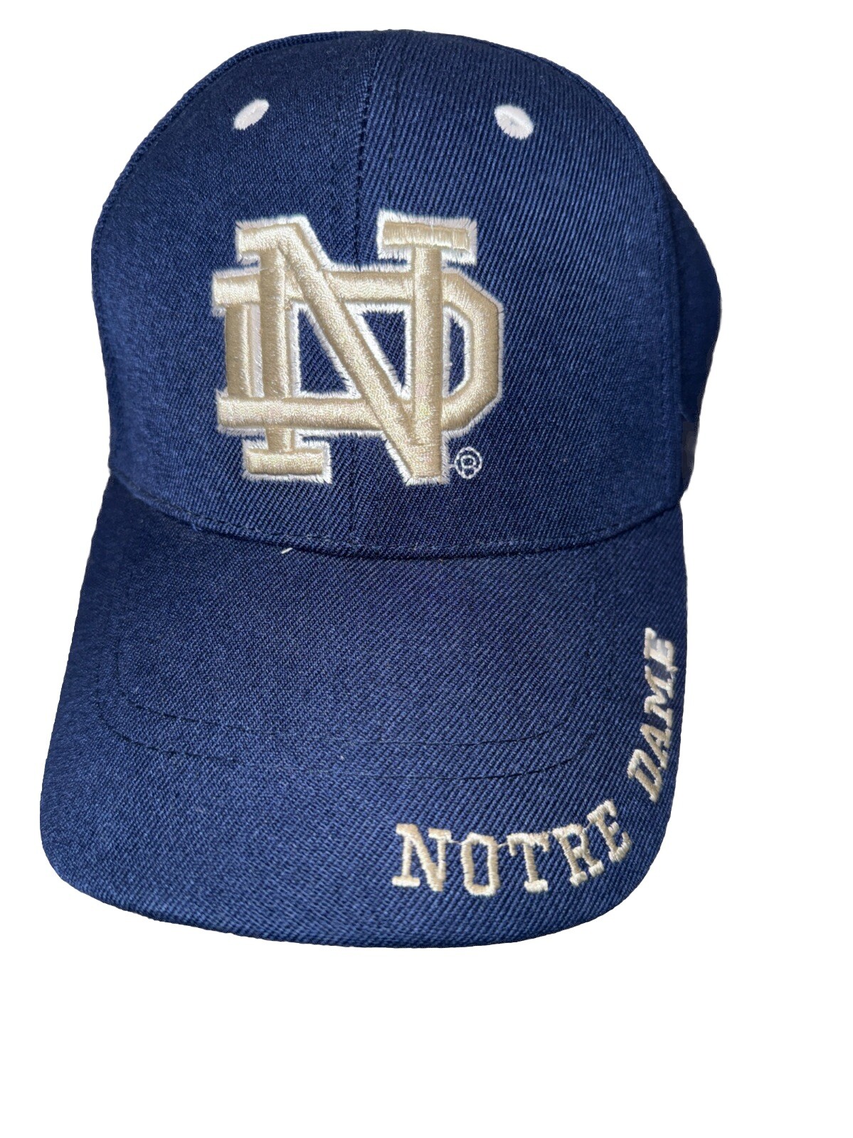 Notre Dame Interlock ND in White Silver on Navy Hat Cap Cotton Hook Loop EUC