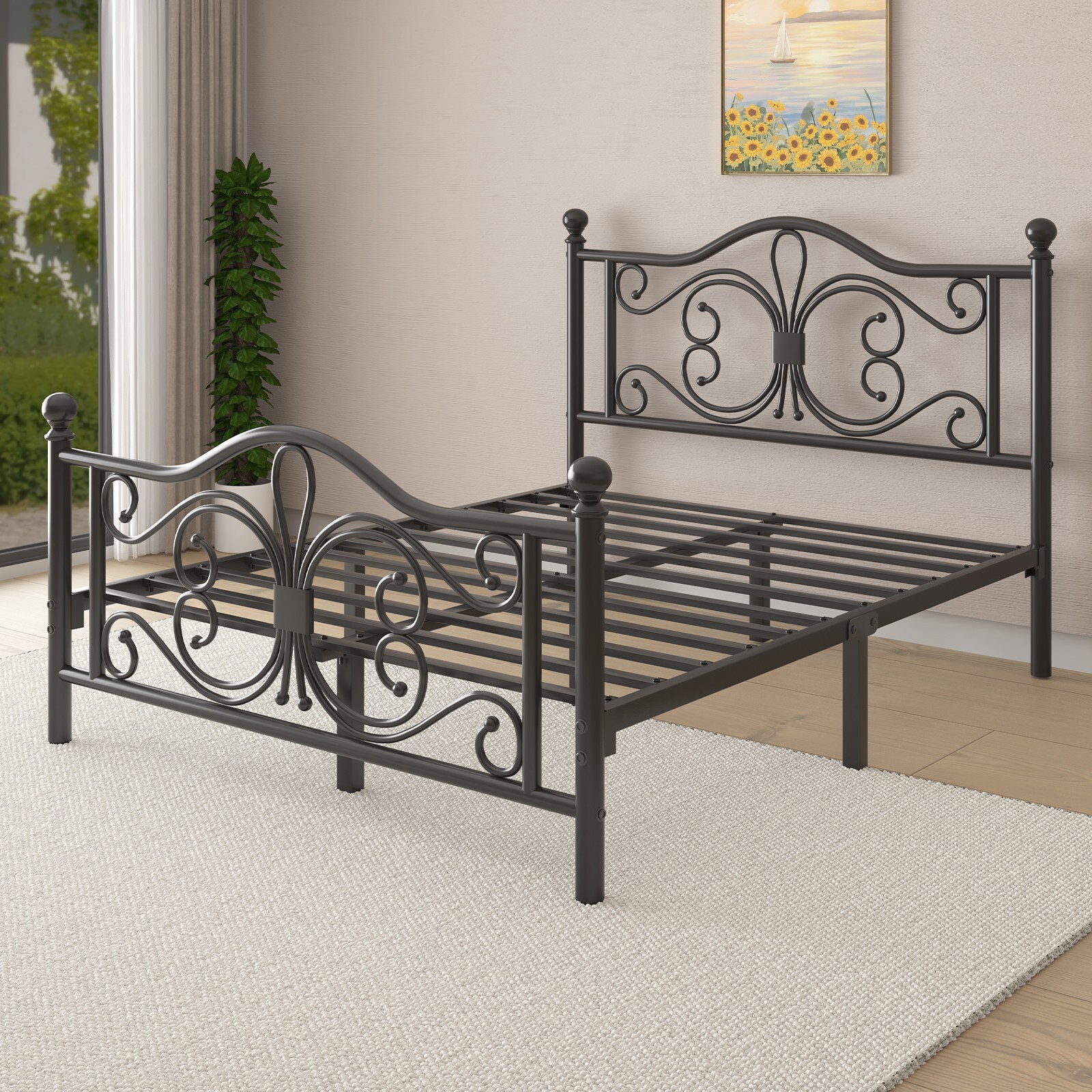 Queen Size Bed Frame with Butterfly Pattern Design Strong Metal Slats Support