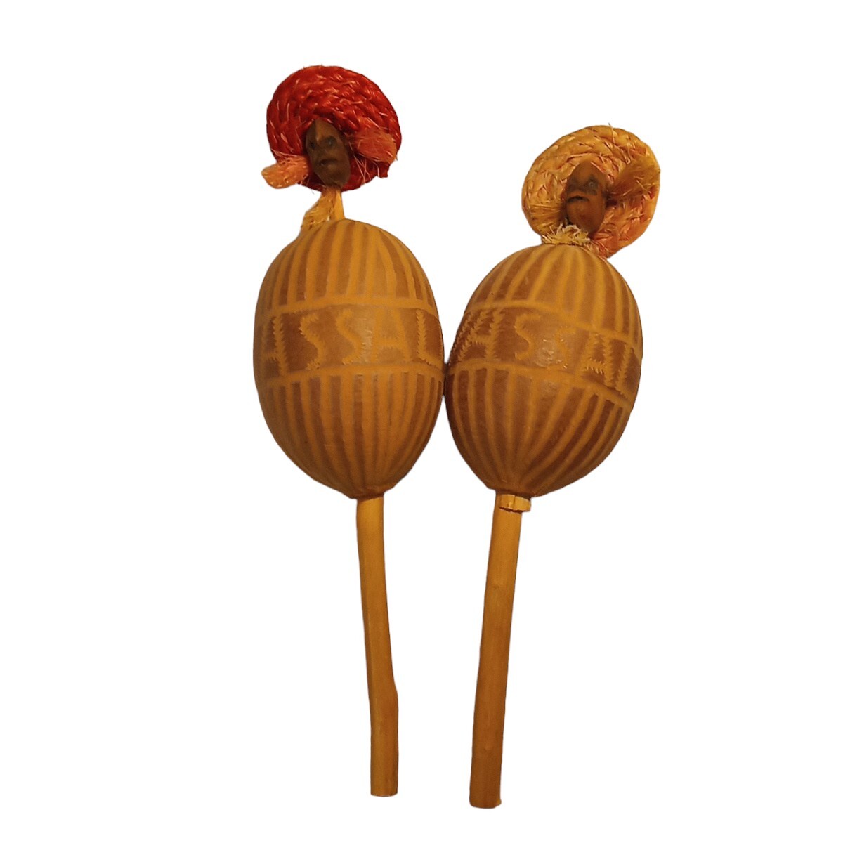 2 Nassau Handcarved Vtg Maracas Rattles Shakers Wooden Handles Gourd Sticks 12"