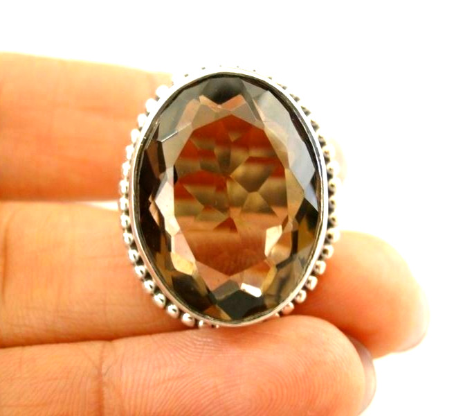 Smoky Quartz Brown  Bead Edged Oval Solitaire 925 Sterling Silver Ring Size 5