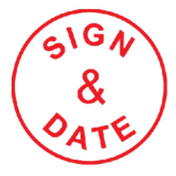 SIGN & DATE Stamp, Pre-inked Red, Shiny Brand, Round 5/8" Diameter Imprint