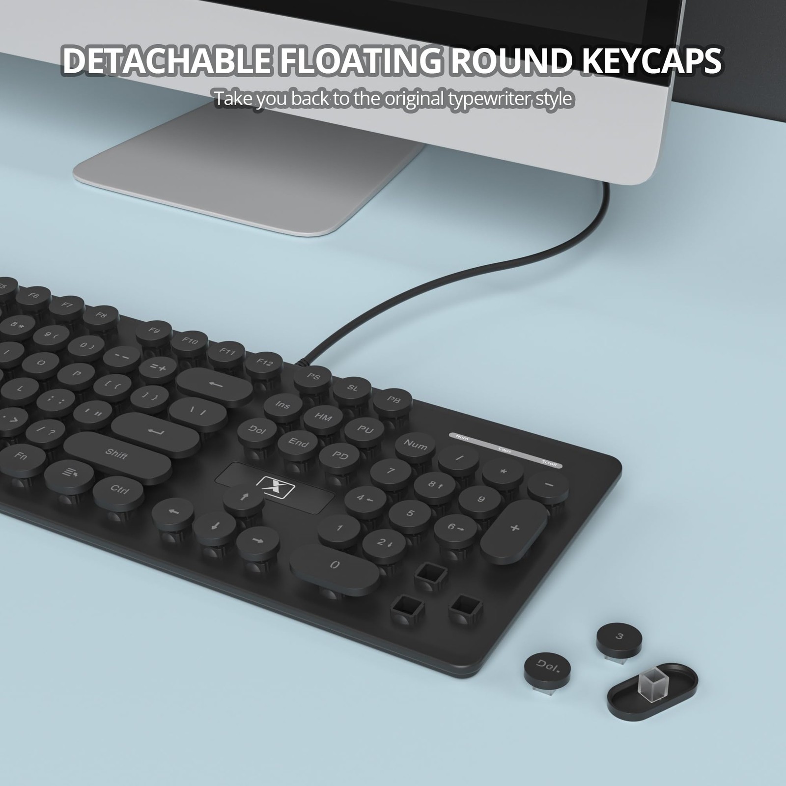 Wired Retro Typewriter Keyboard 104 Round Keys Blue LED Backlit Silent Black