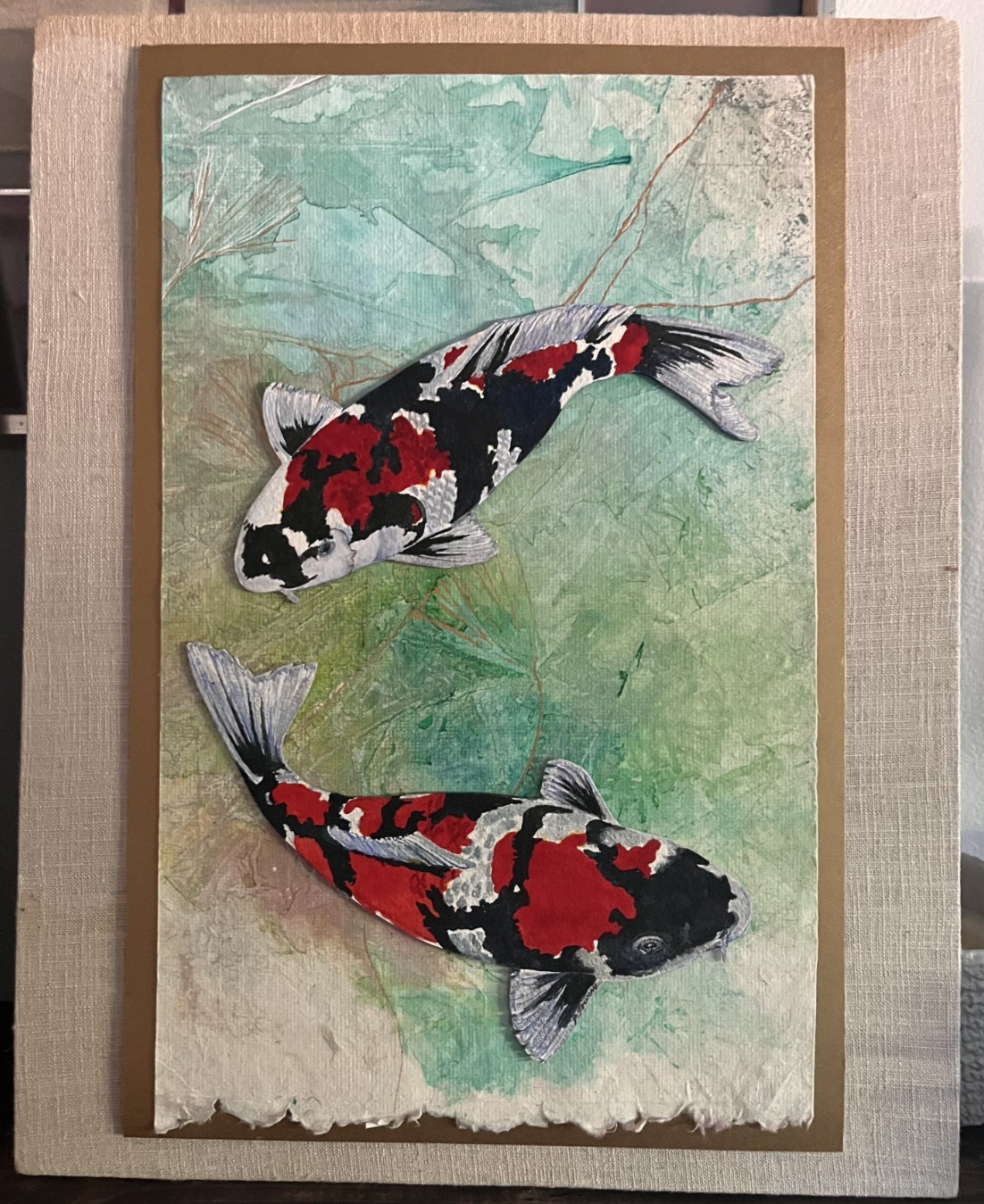 BEAUTIFUL! Two Koi  Fish Mixed Media Artwork Patricia M. Towery 19.75" x 16"