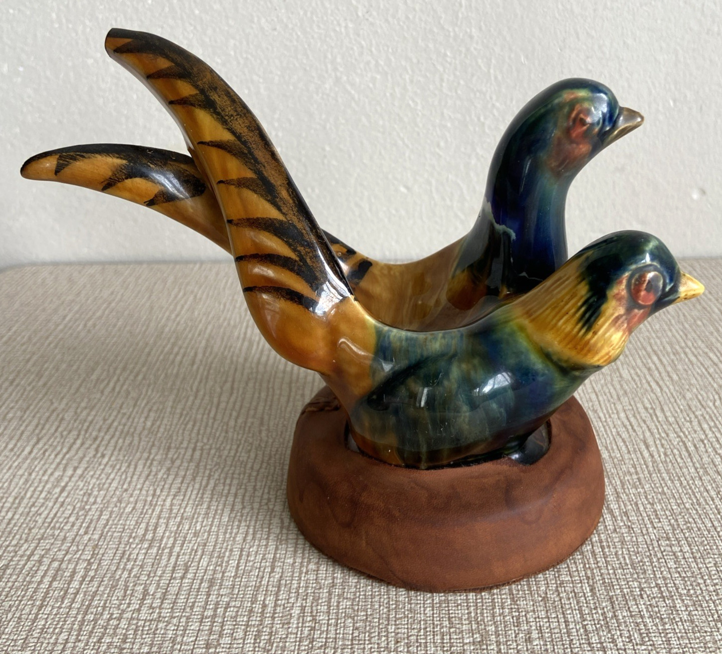 LONGCHAMP Frane Pottery Pipe Holder Pheasants Birds Leather Wrapped Base