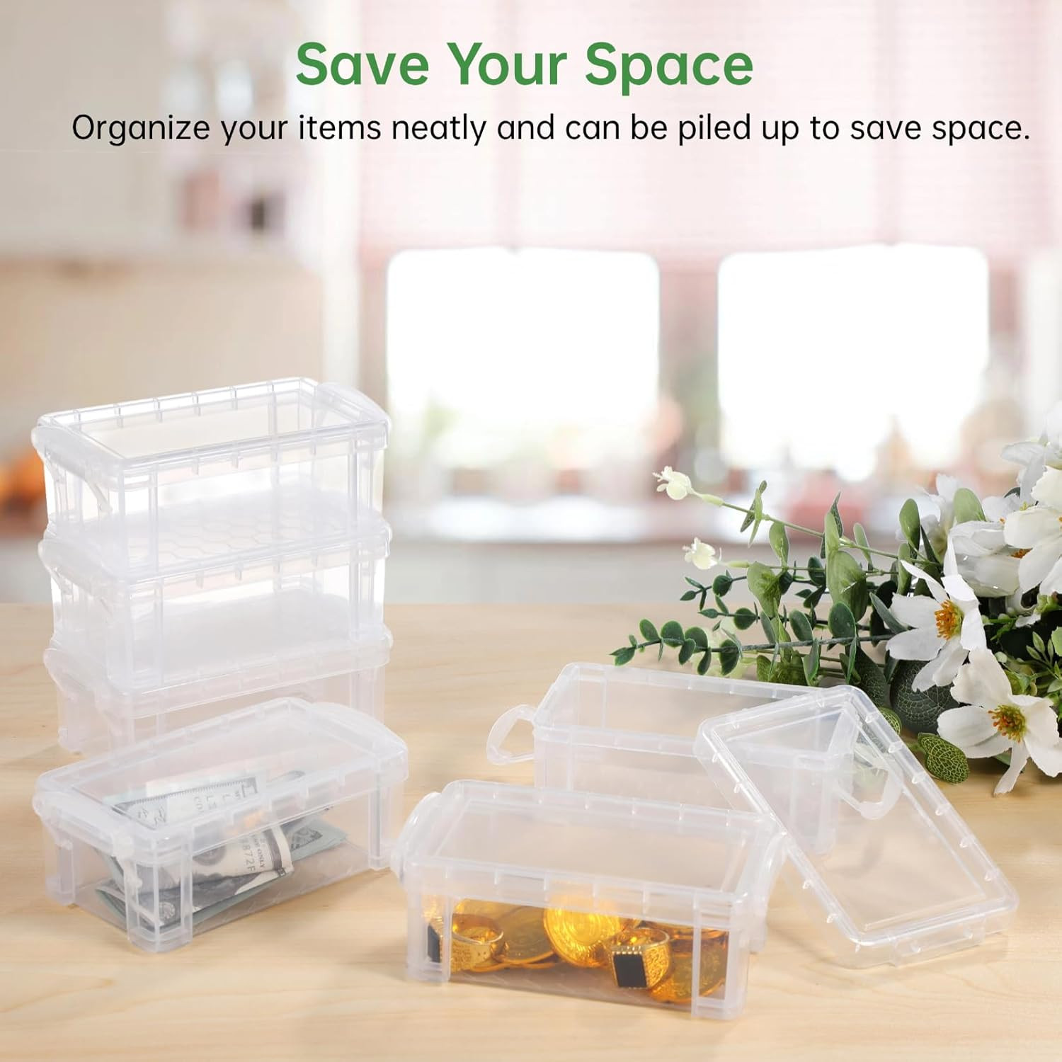 6 Pcs Mini Plastic Boxes, 5'' x 3'' x 1.8'' Small Clear Storage Containers with