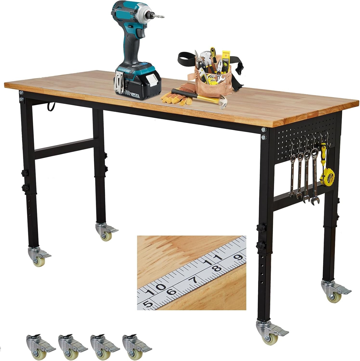 48/60/70" Adjustable Rolling Workbench Heavy Duty Table w/ Power Outlet Wheels