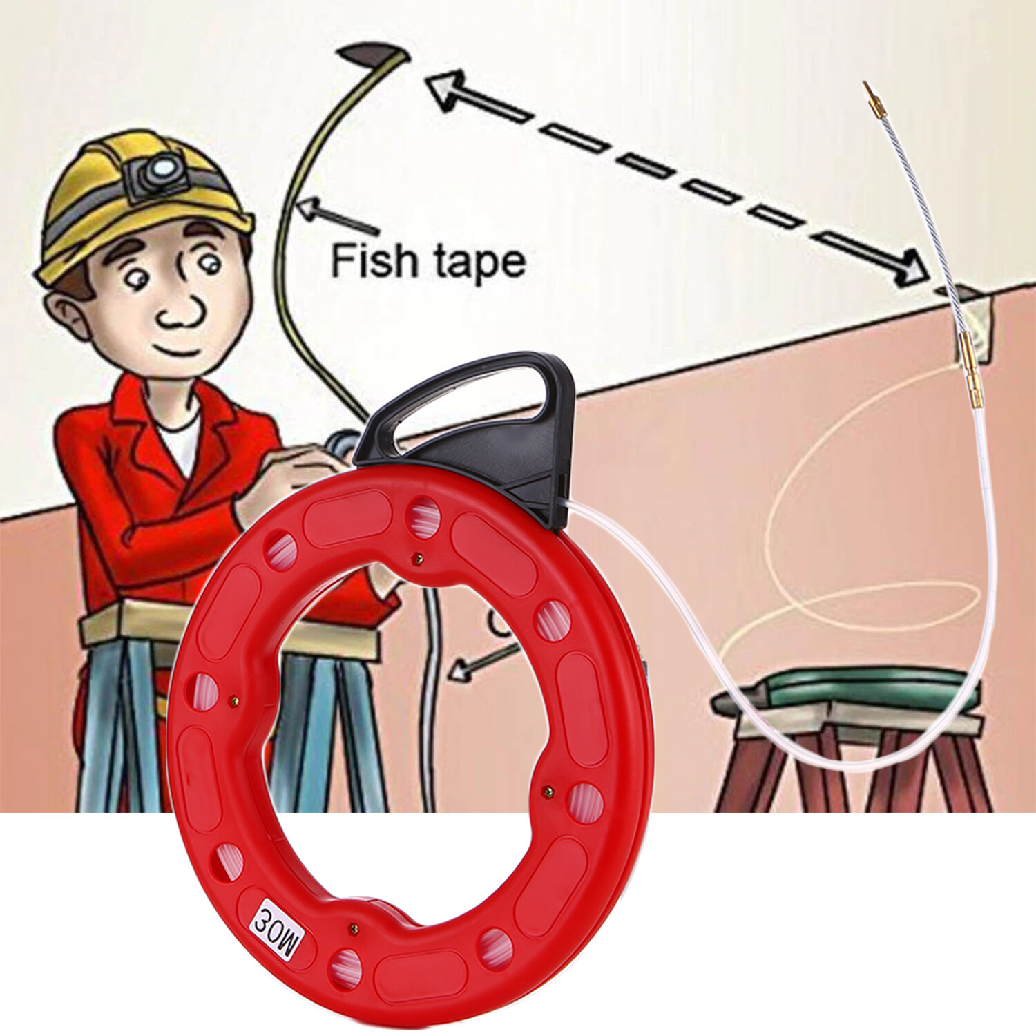 30M Fiberglass Fish Tape Reel Puller Conductive Electrical Cable Puller Pipe