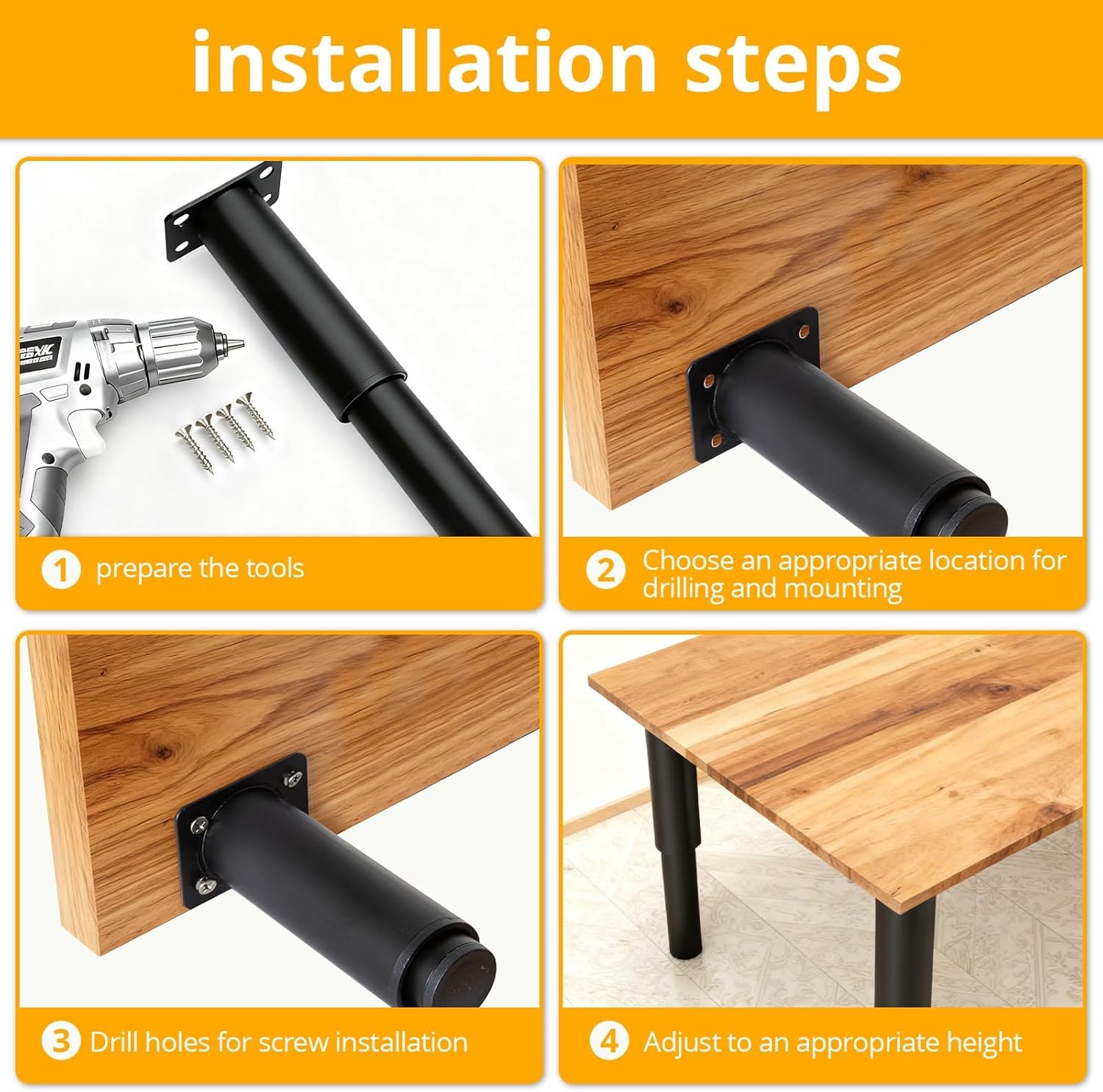 4-Piece Adjustable Furniture Legs Set, Black Metal Furniture Legs, Adjustable in