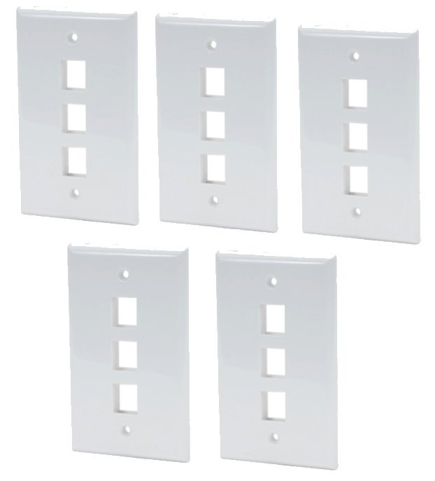 5 Pack 3 Port Keystone Insert Jack CAT5 CAT6 RJ45 Coax 1-Gang Wall Plate WHITE