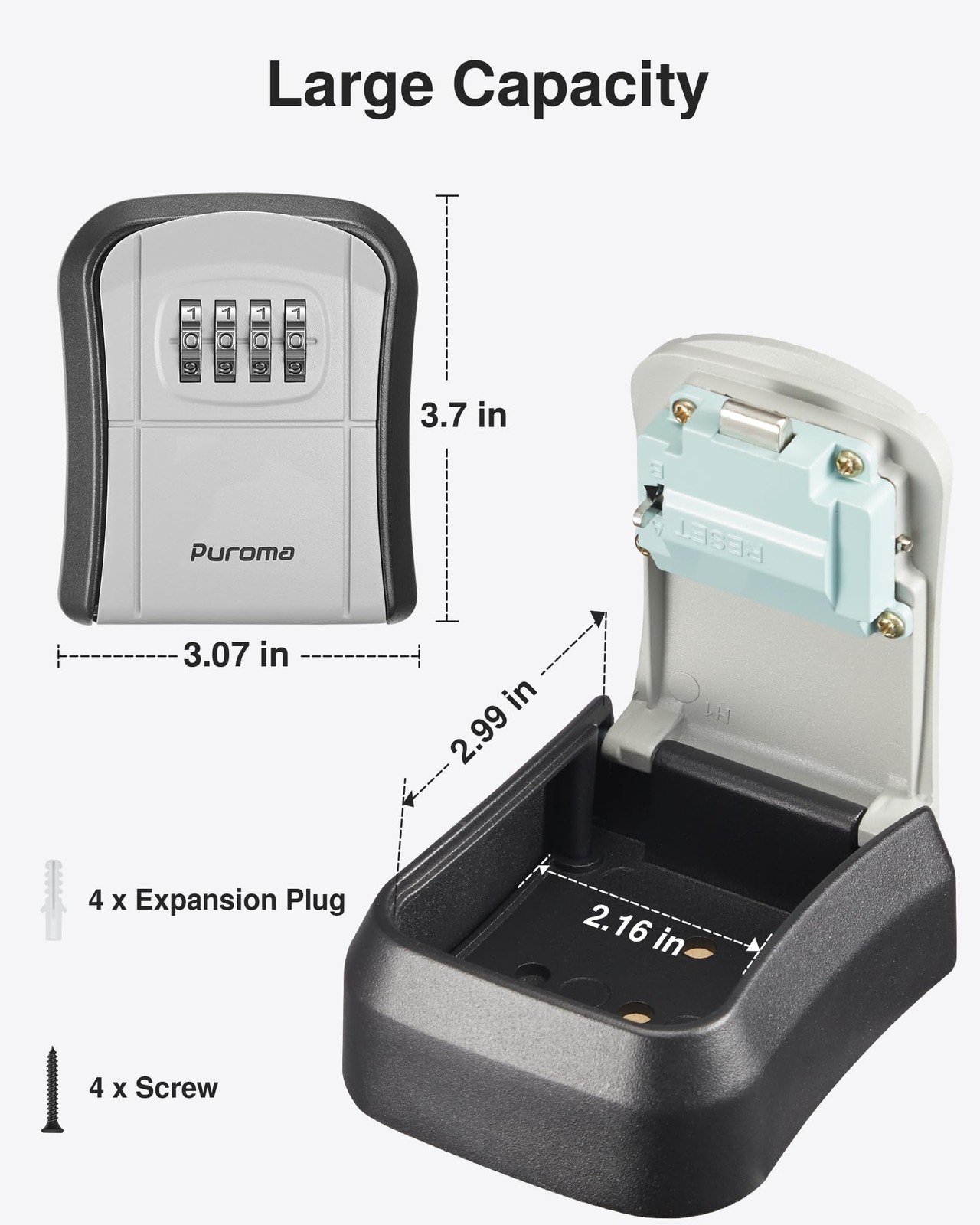 Puroma Key Lock Box Combination Lockbox Wall-Mounted Medium Capacity, Grey