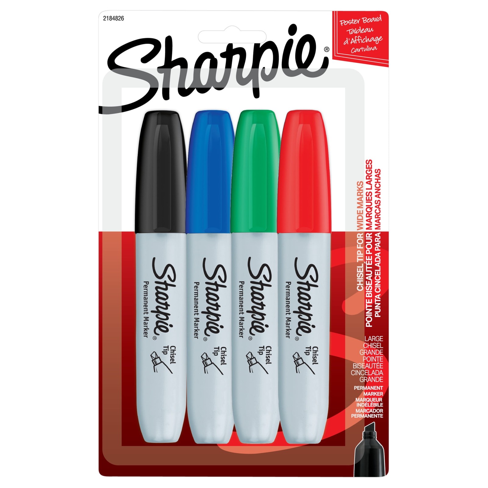 Permanent Markers, Chisel Tip, Assorted Colors, 4 Count