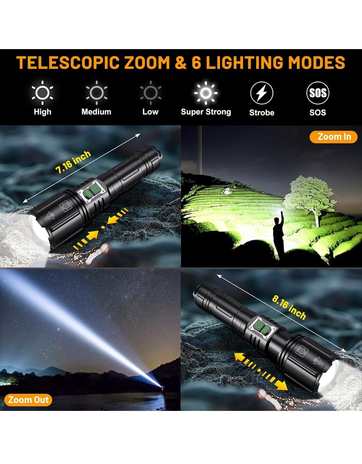 50000000 Lumens Super Bright LED Tactical Flashlight Rechargeable LED Work Light