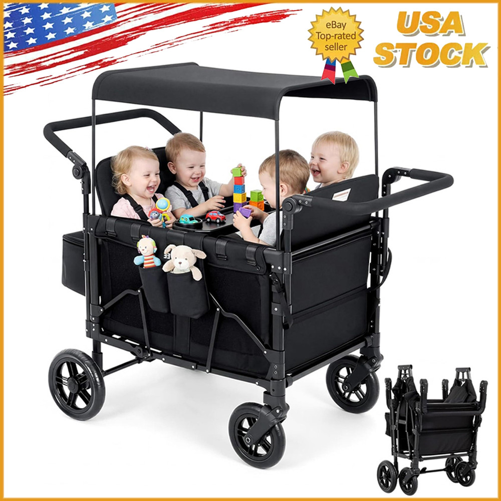 4 Seater Stroller Wagon Foldable Quad Stroller Wagon Cart for 4 Kids with Canopy