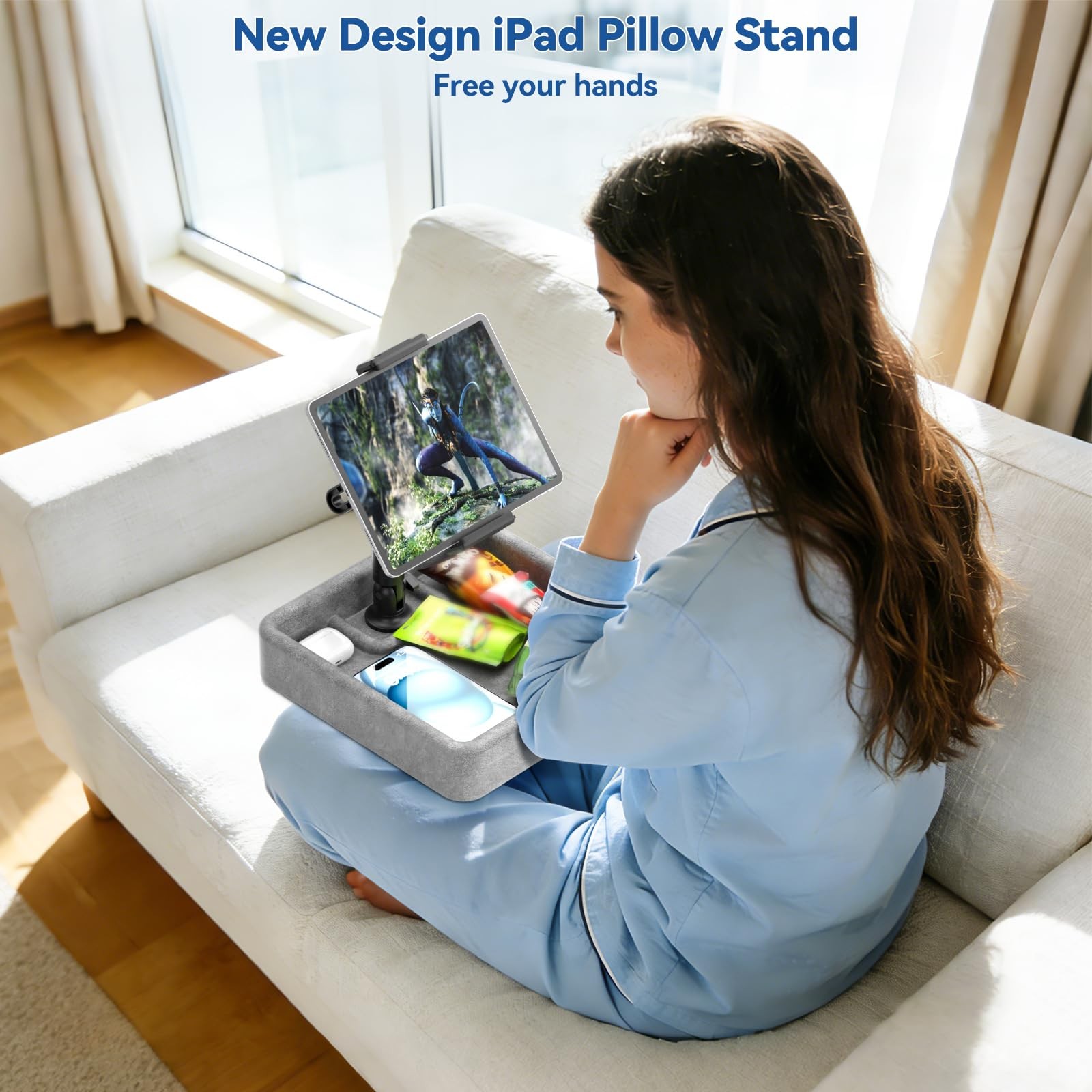 Tablet Pillow Stand - Multi-Angle Adjustable iPad Holder for Lap, Bed and Des...