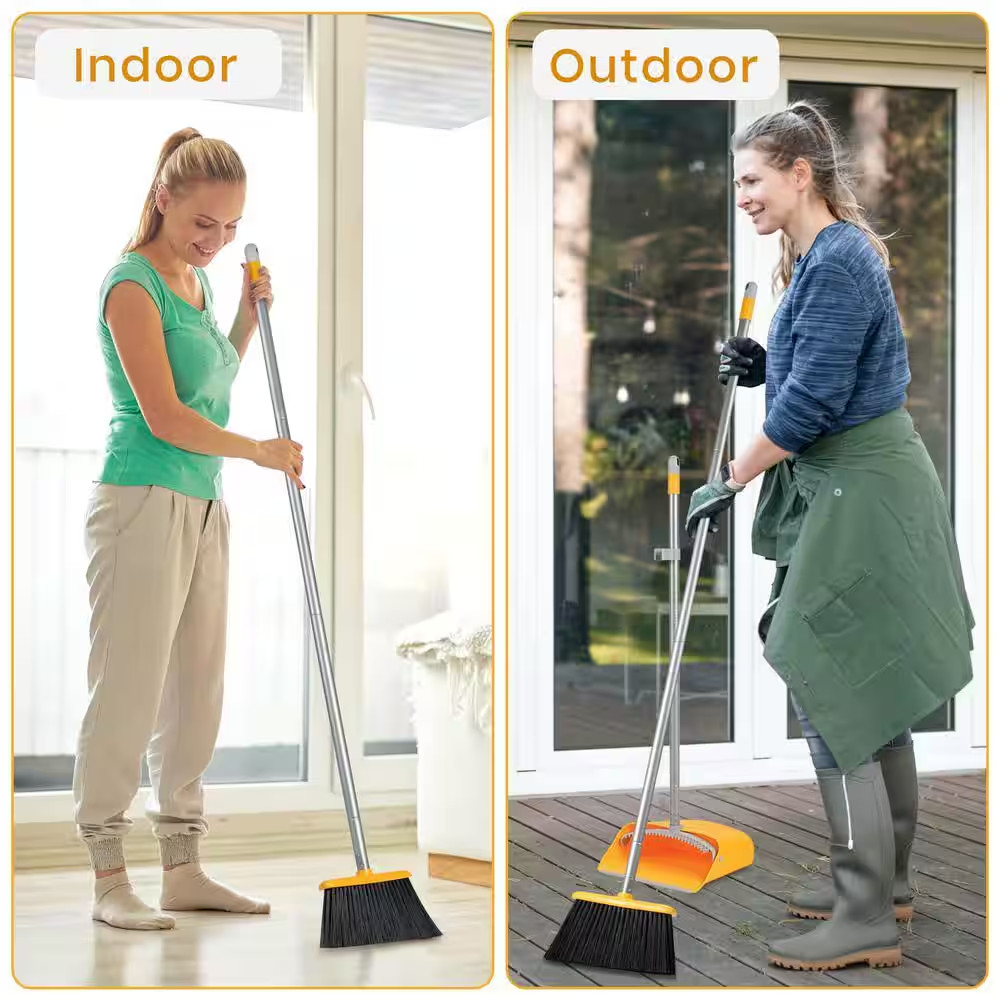 Yellow Upright Broom and Dustpan Set