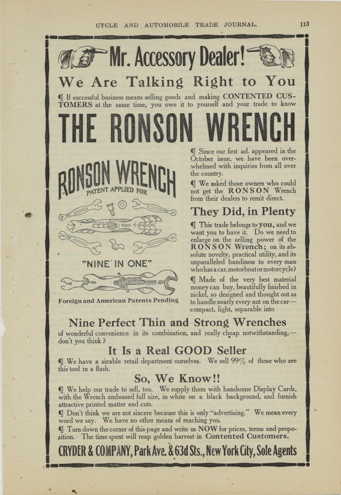 1910 Cryder & Company Ad: Ronson Wrench - 9 in 1 - New York City