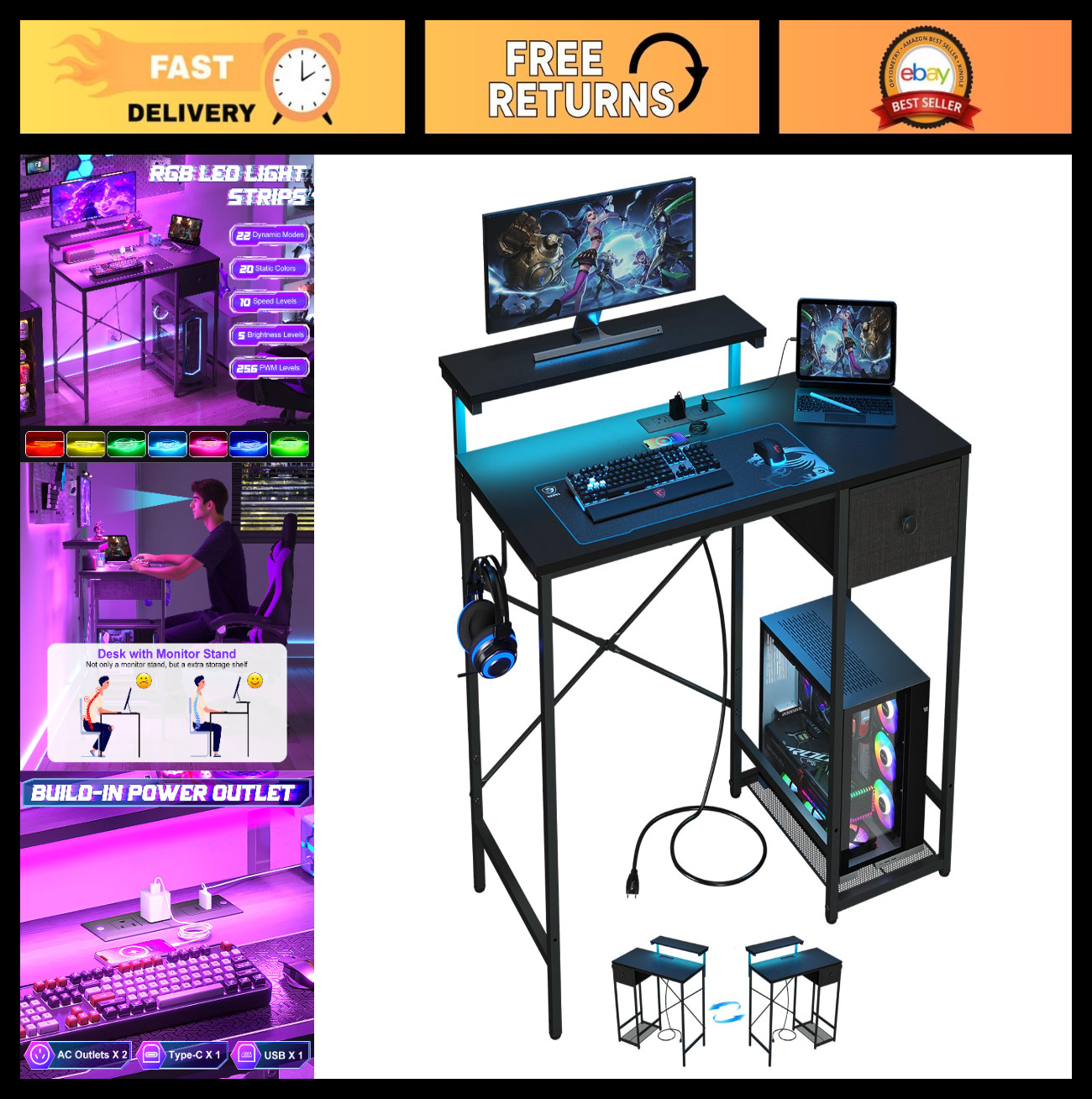 Compact Gaming Desk with LED Lights, Power Outlets, Monitor Stand & Storage - Bl