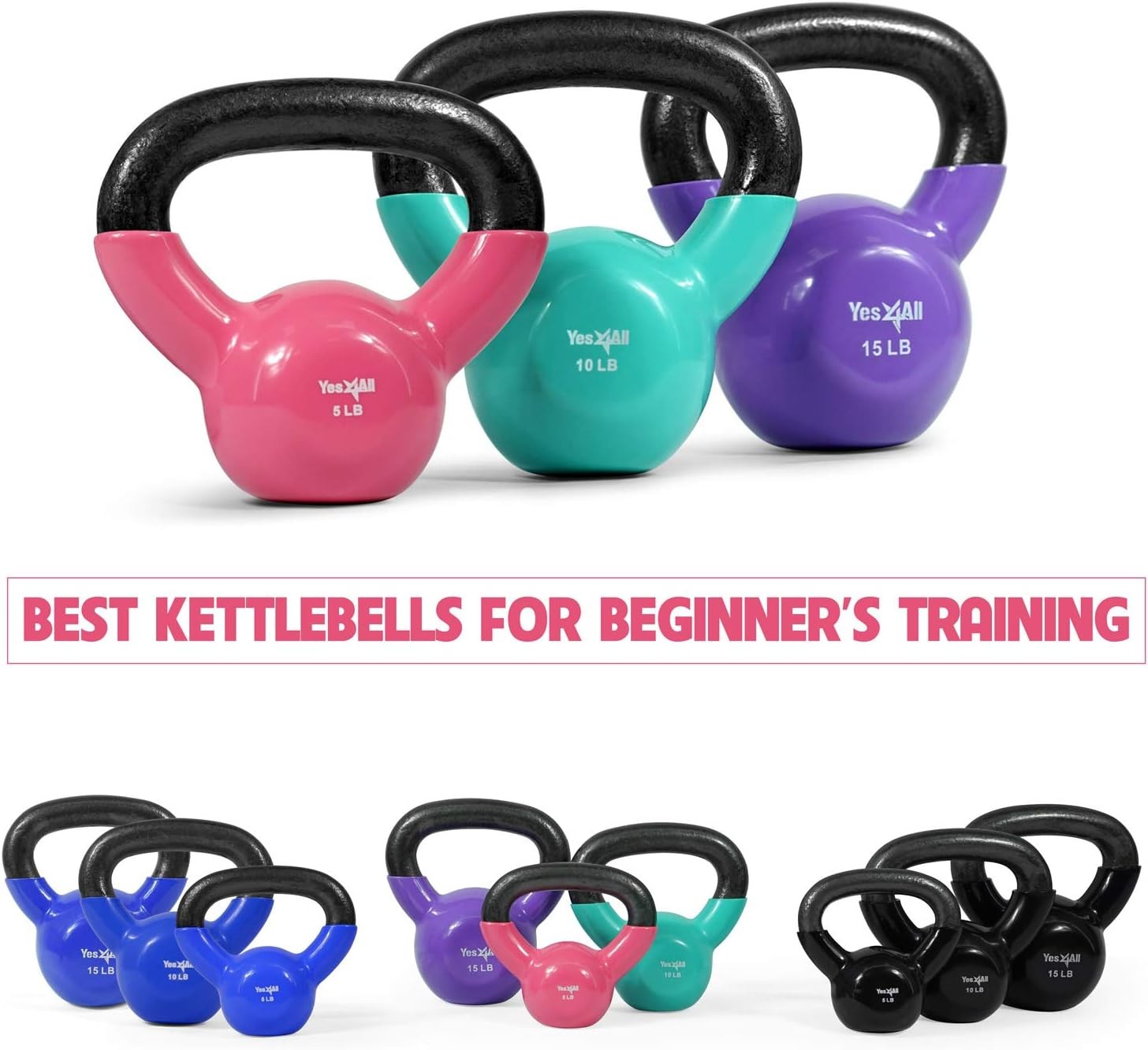 5-15lbs Vinyl Coated Kettlebell Cast Iron Sets with Stable Flat Bottom Workout
