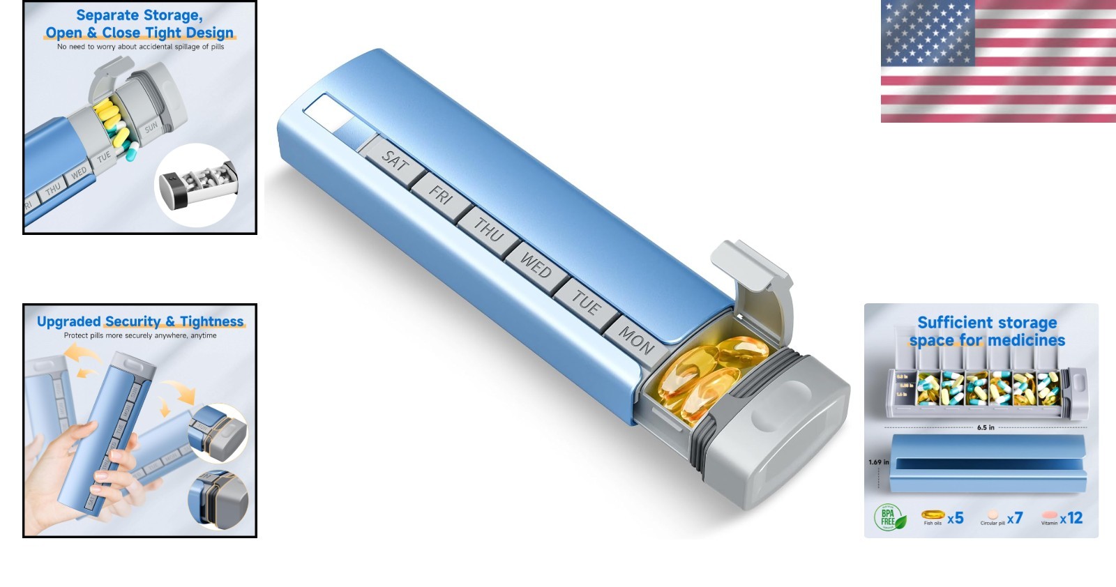Blue Weekly Pill Box - Safe, Stylish & Lightweight for Travel Essentials