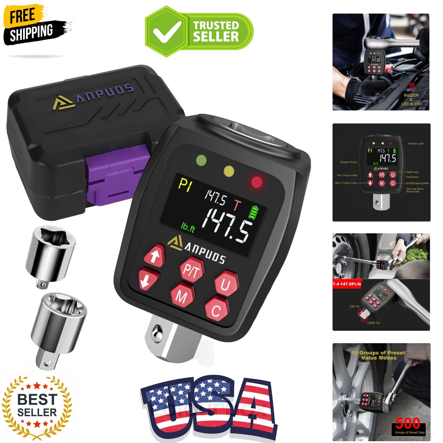 1/2" Digital Torque Adapter, 7.4-147.5 Ft-lb/10-200 Nm, Digital Torque Wrench...