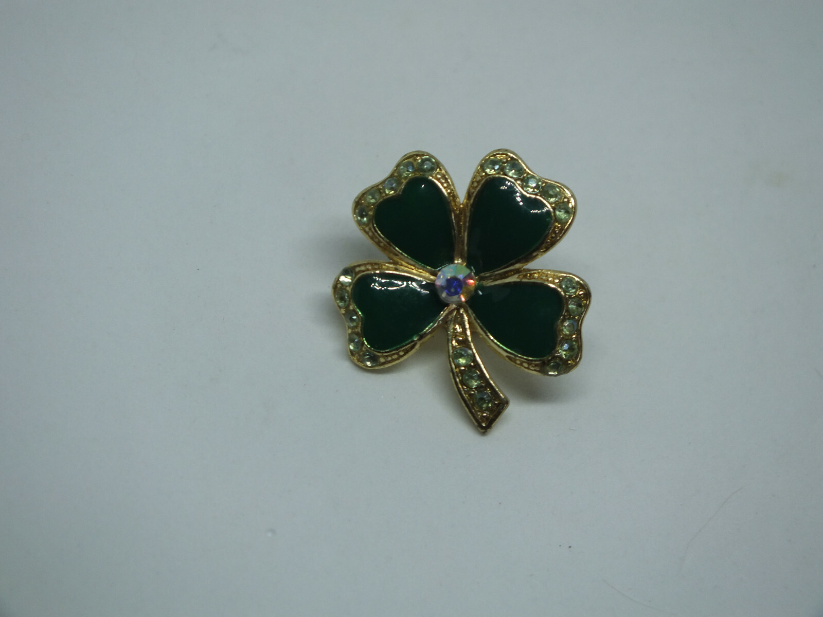 Beautiful Brooch Pin Holiday St Patricks 4 Leaf Clover Clear AB Rhinestones 1"
