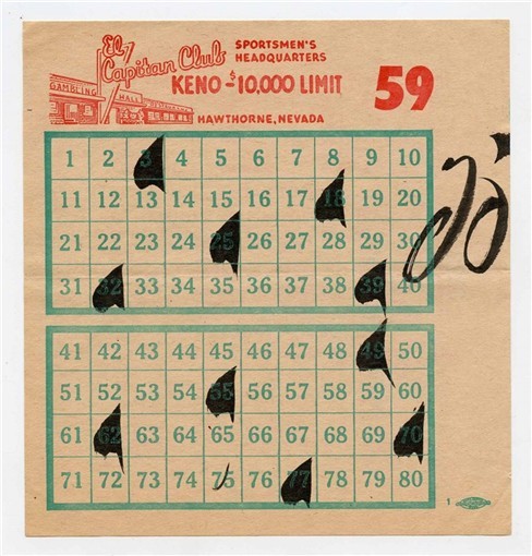 1980's El Capitan Club Keno Ticket Hawthorn Nevada Sportsmen's Headquarters