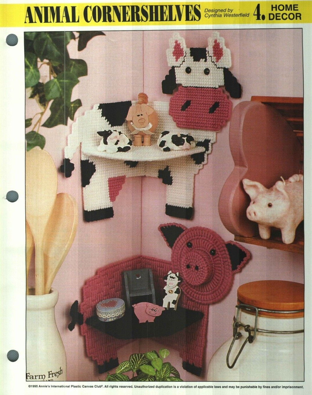 NEW ANIMAL CORNERSHELVES PIG & COW ANNIE'S PLASTIC CANVAS PATTERN INSTRUCTIONS