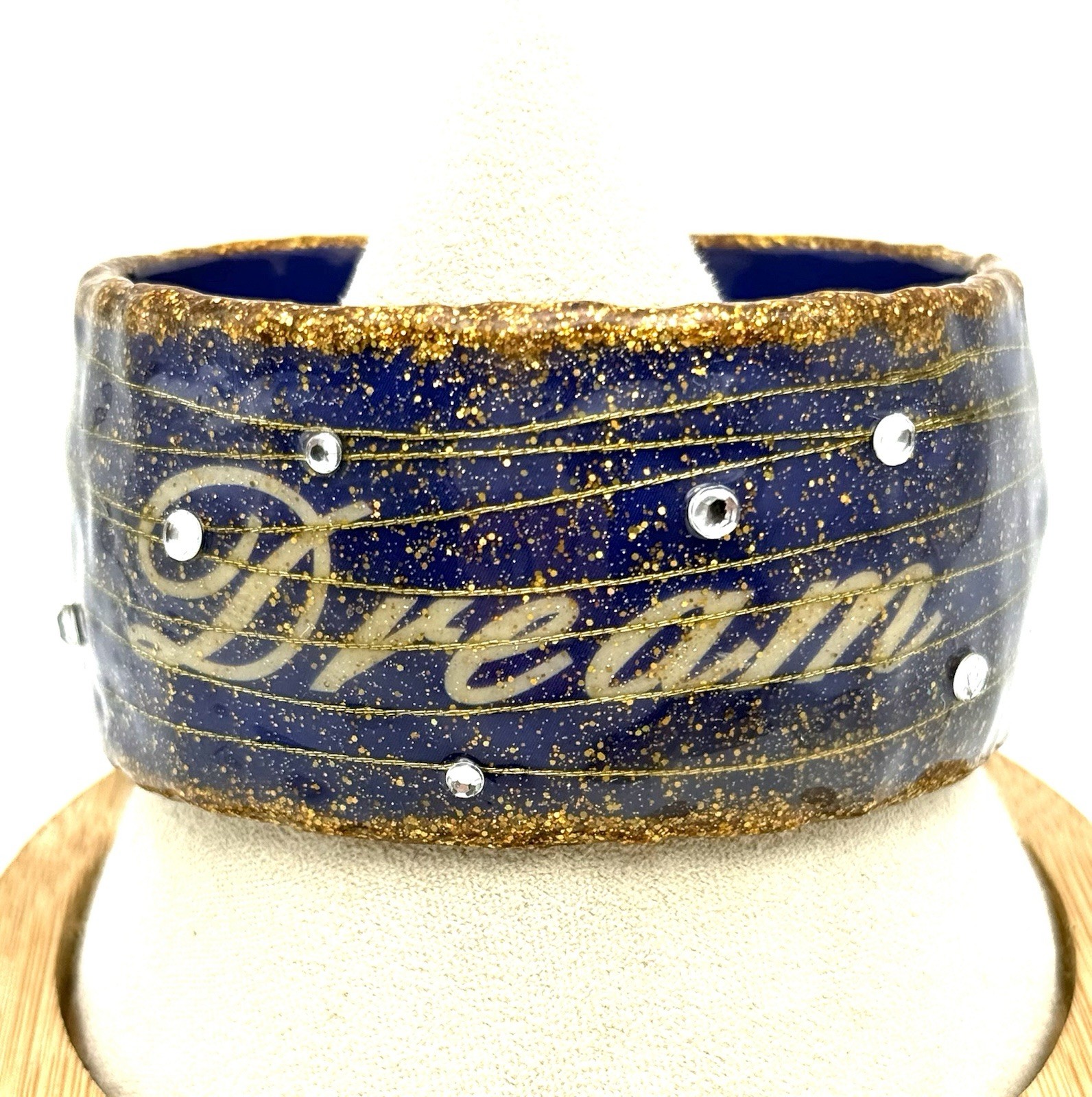 DARE TO DREAM BANGLE BRACELET Upcycled HANDMADE Blue Glitter 8 X 1.5”